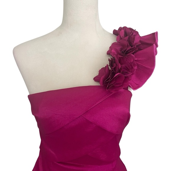 Forever 21 Hot Pink Elegant Babydoll Floral One-Shoulder Mini Dress Women Size L - Picture 5 of 8